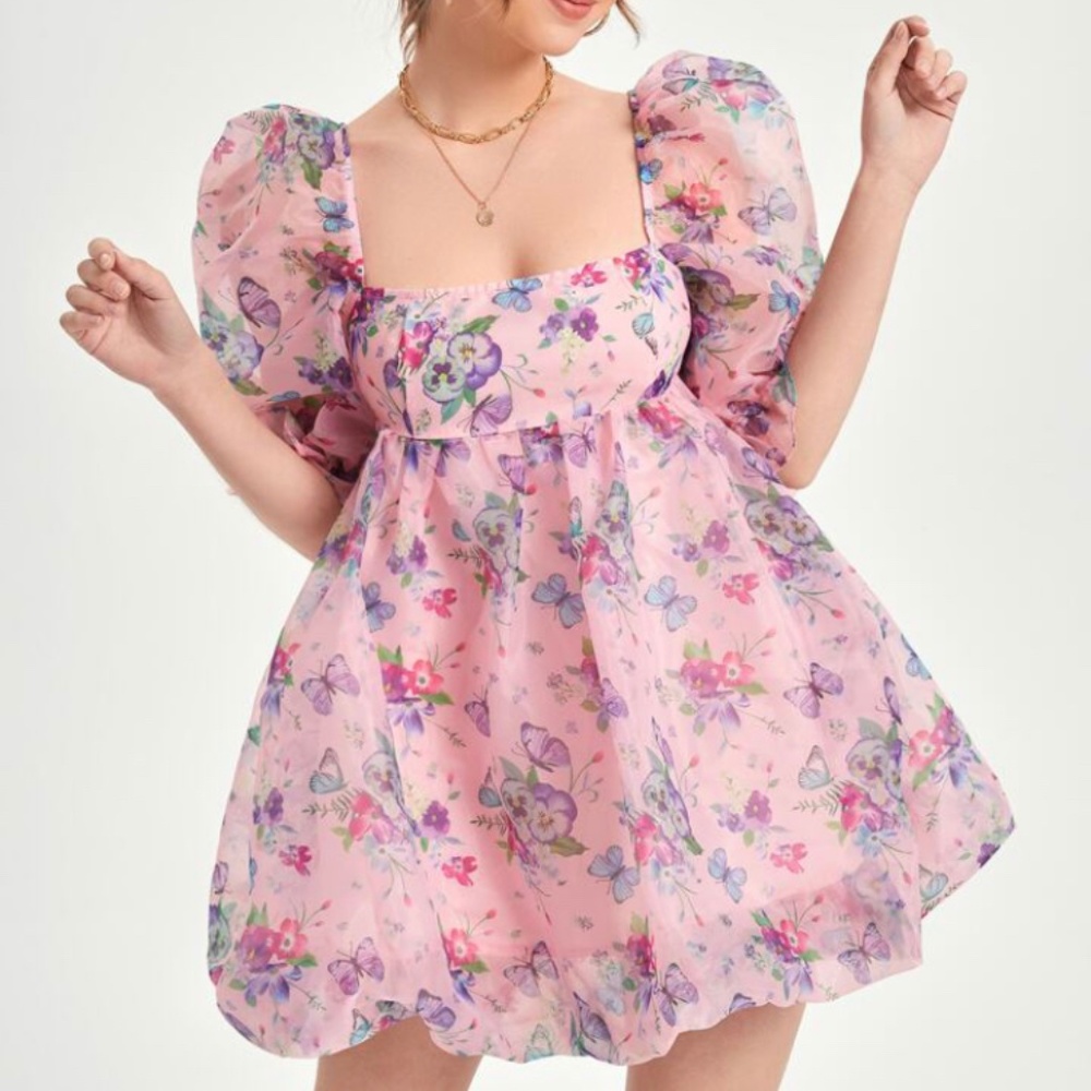 Square Neck Puff Sleeve Butterfly Floral Baby Doll Dress Live Your Barbie Dreams